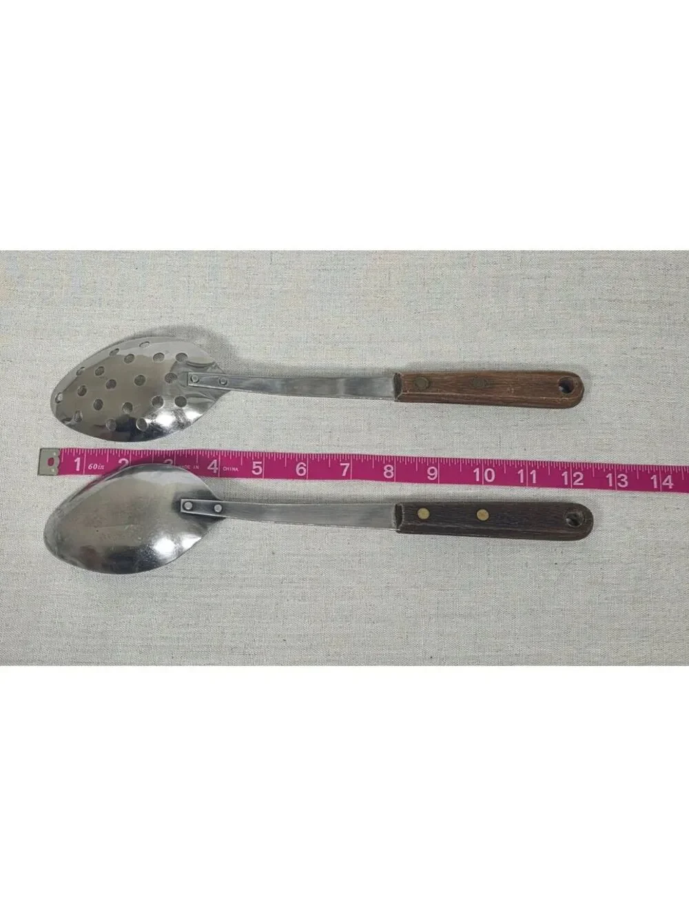 Vintage Robinson Stainless Steel Serving Spoon Slotted Spoon Wood Handle Set